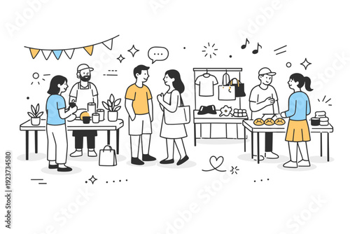 Small business pop-up market. A few pop-up tables arranged in an open space, people browsing and chatting, relaxed local community vibe.