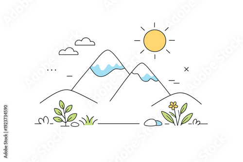 Outdoor nature scene. Minimal landscape with mountains, sun, and simple vegetation, conveying freshness and calm. Soft, optimistic mood suitable for modern