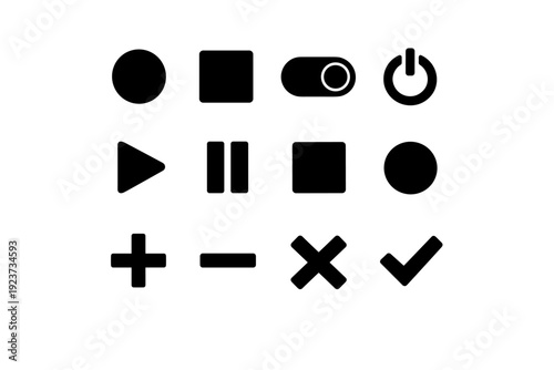 Button. Solid icon set of Button: round button, square button, toggle button, power button, play button, pause button, stop button, record button, plus button,