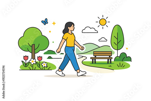 Spring park relaxation light walking moment with trees, flowers and open space, communicating balance, fresh air and positive everyday routine. Minimalist flat