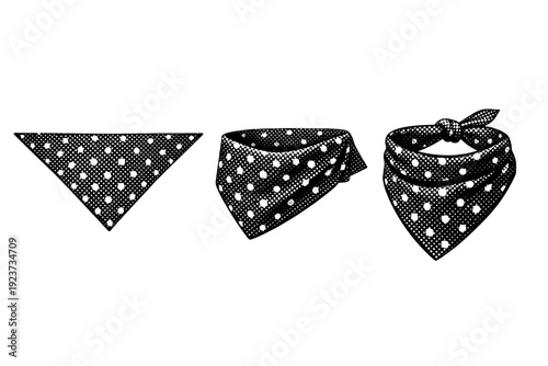Pet bandana accessory folded around neck shape shown flat, partially folded, and wrapped position as a single object set. Black and white dot style with