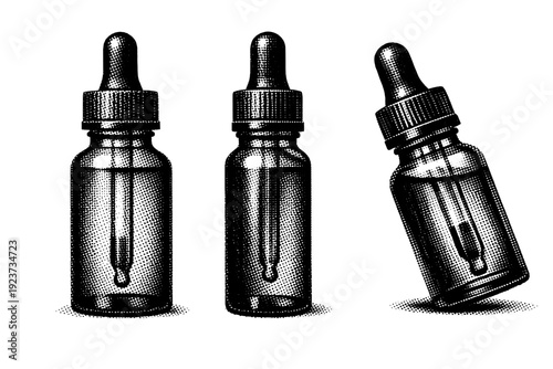 Spa wellness essential oil bottle with dropper shown in front view, side profile view, and three-quarter perspective as one object set. Black