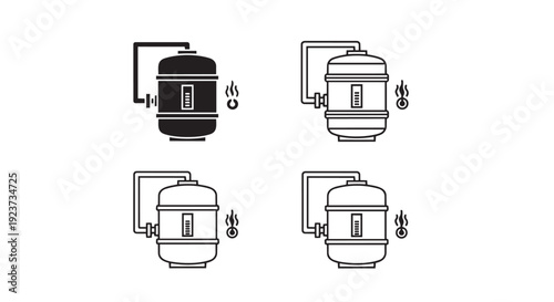 Water heater vector icon collection. Includes water heater, boiler, thermostat, and temperature control symbols. Created in outline and filled styles with a monochrome palette.
