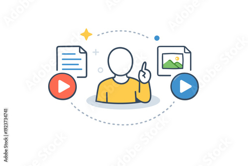 E-learning concept minimal human figure surrounded by educational symbols like play buttons and documents, expressing clarity, engagement,