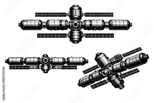 Space station, modular orbital space station with cylindrical modules, docking ports, and structural trusses shown from front view, side