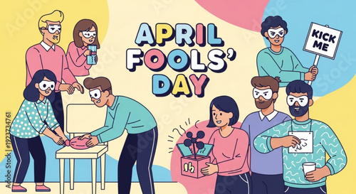 People celebrating april fools' day with pranks and playful jokes in a colorful setting