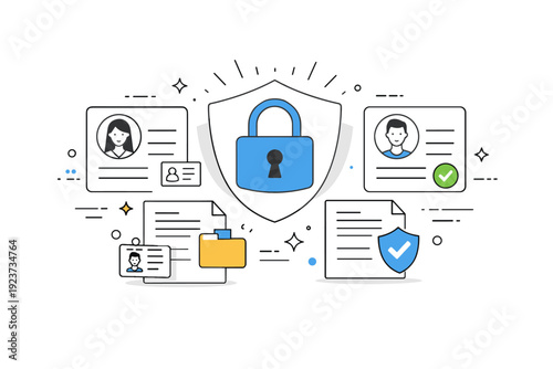 Personal data protection online. Abstract profile cards and documents are secured by a central lock symbol, suggesting confidentiality and security. The