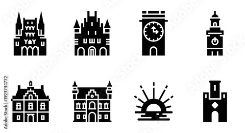 Minimalist castle icons collection: towers, clock towers, sunrise