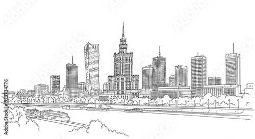 Modern city skyline with iconic skyscrapers and waterway in black and white linear style