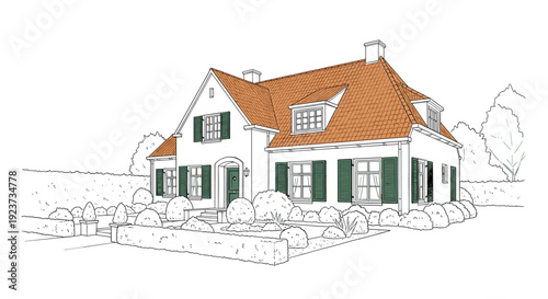 Charming suburban residence with loft and garden in line art style