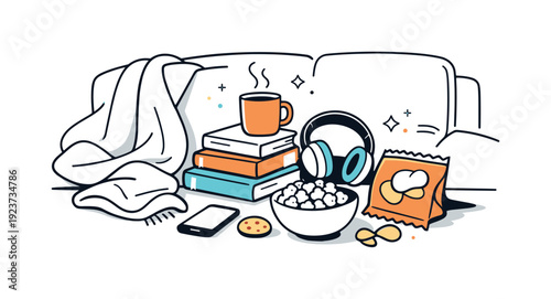 Cozy evening at home with books, snacks, and headphones on the couch