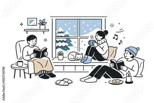 Winter leisure at home. A cozy indoor scene with people reading, drinking tea, or relaxing near a window with snow outside. The illustration