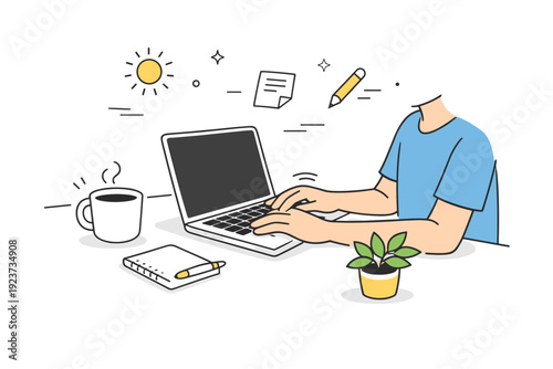 Creative writing during summer mornings. Person typing on a laptop at a light desk, coffee cup and small plant nearby, morning light casting