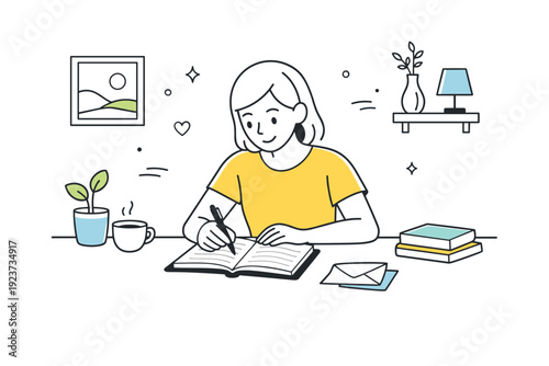 Analog hobbies in modern homes. Writing letters or journaling at a simple desk, notebook and pen as main focus, quiet concentration and intention, modern