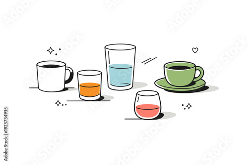 Half-finished cups on tables. Abstract composition of cups, mugs, and glasses with visible liquid levels arranged calmly. Visual metaphor for unfinished