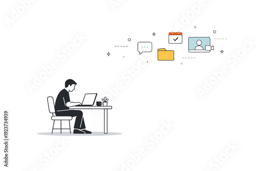Digital Workplace Solitude. Loneliness in digital workplaces. An employee working late with only a glowing screen for company, abstract office icons floating