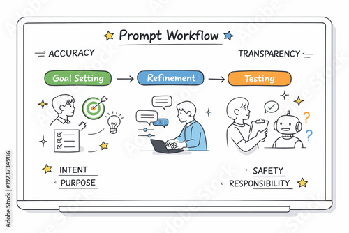 prompt workflow whiteboard. A whiteboard or tablet with mapped stages of prompt development?goal setting, refinement, testing?decorated with stars, arrows, and