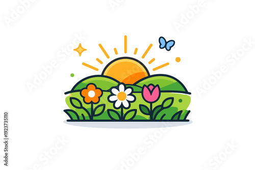 Spring landscape a compact meadow scene with flowers, grass, and a rising sun symbolizing warmth, clarity, and seasonal energy. Minimalist