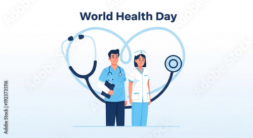 Medical professionals standing together on world health day with stethoscope heart symbol