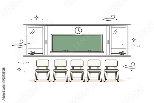 Schoolyards after class. A row of empty chairs and a chalkboard visible through open windows, with quiet air and soft wind suggesting the day has ended. The