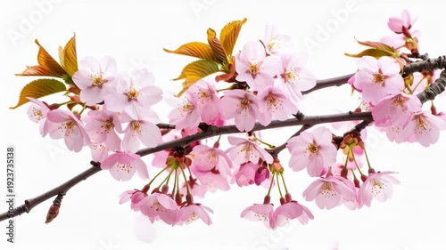 Delicate pink cherry blossoms on a dark branch with a white background