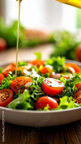 Close-up of fresh salad with tomatoes and lettuce being drizzled with golden olive oil