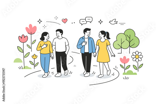 Social connection themes in spring events. People walking together along a path lined with abstract flowers and trees, engaged in conversation. The