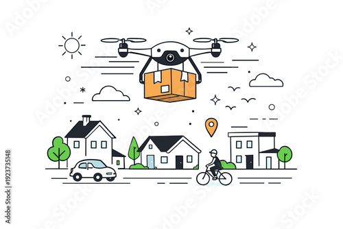 Drone delivery concept. A small drone carrying a package over a neighborhood, abstract motion lines and stars emphasizing movement, friendly