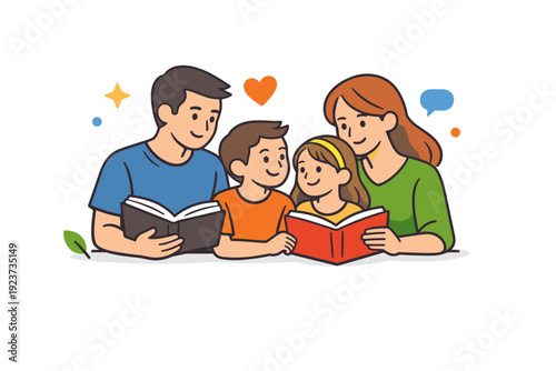 Happy family at home parents and children sharing a quiet moment with books or conversation, conveying love, stability and meaningful time together. Minimalist
