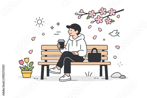Quiet everyday scenes in spring. Someone sitting on a bench with a coffee, light blossoms falling gently nearby as the day unfolds slowly.