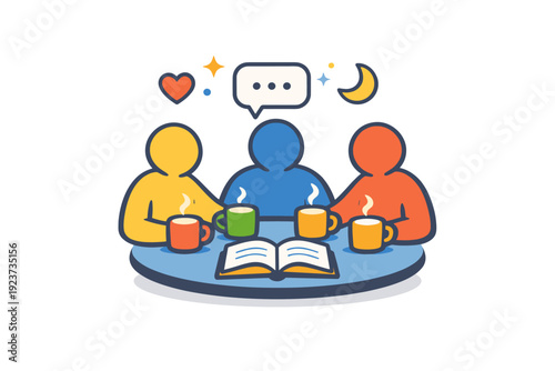 Friendship rituals and traditions shown as a cozy recurring gathering with simple shapes representing friends around a table, emphasizing belonging, shared