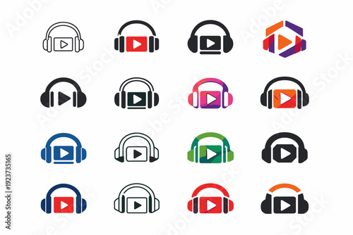 Streaming service. Icon set. Set Logo of Streaming service: headphones with media device. harmonious logo variations of the same emblematic