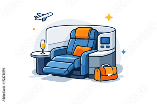 Luxury travel comfort first class travel mood with spacious seating and soft details, representing privacy, ease and elevated travel standards. Minimalist flat