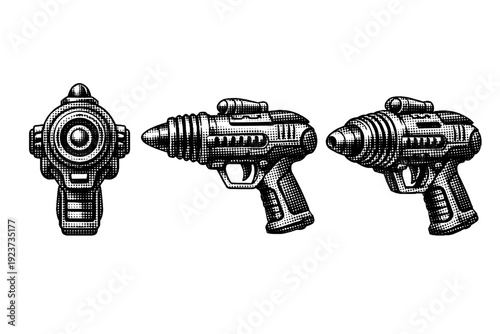 Laser gun icon represented as one futuristic weapon object shown in three views: front view, side view, and three-quarter view emphasizing