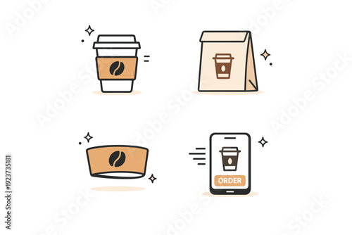 Coffee-to-go icons. Minimal symbols like takeaway cup, coffee sleeve, paper bag, and mobile order sign arranged in a balanced set. Calm,