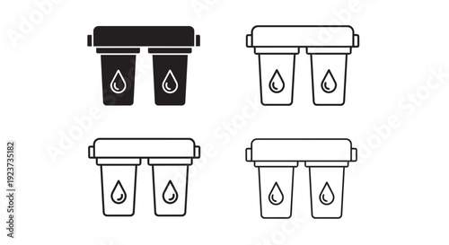 Water filter system vector icon collection. Includes two-stage water purifier units with water drop symbols. Created in solid and outline styles with black and white palette.