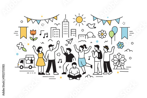 Abstract urban spring festival crowd. Stylized human figures, banners, flowers, and city elements floating in a clean decorative composition,