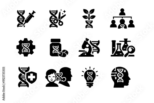 Applications of Genetics. Solid icon set of applications of genetics: genetic therapy, CRISPR edit, agricultural genetics, ancestry test,