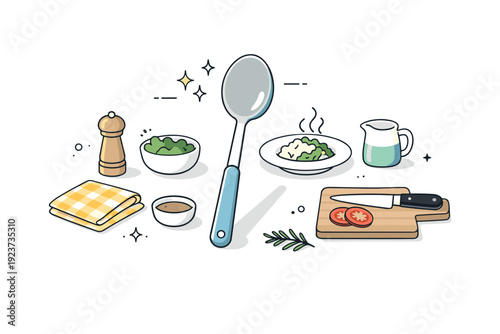 Kitchen Utensil Harmony. Serving spoon. Kitchen preparation moment with utensils laid out before serving a meal. Calm, organized scene suggesting readiness and
