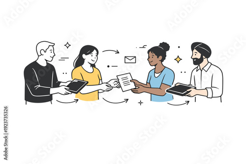 Collaborative multicultural project. Diverse team members passing documents and digital tablets to each other, subtle arrow and motion line icons floating,