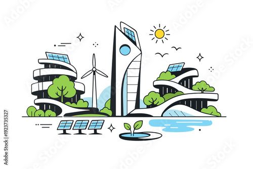 Future green architecture concept. Abstract buildings combine clean geometry with trees, solar elements, and flowing lines, representing