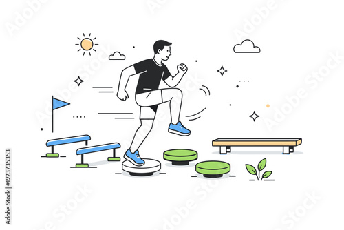 Outdoor obstacle workout in spring. Athlete moving through simple hurdles and balance elements with light motion lines. Fresh active atmosphere highlighting