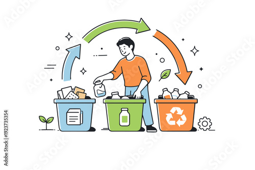 Circular economy renewal. A person sorting items into recycling containers with circular arrows around. Calm everyday eco habits, mindful