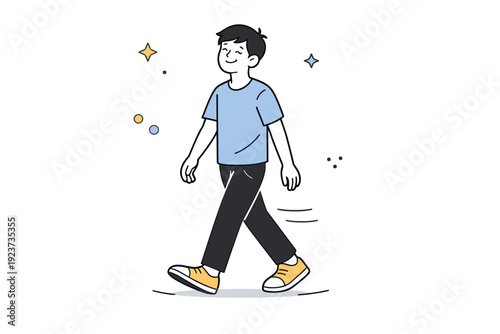 Smiling without reason. A person walks slowly with a slight smile, hands relaxed, unaware of the expression. Natural ease, lightness of mood suggested through