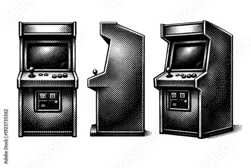 Gaming pixel-style arcade cabinet shown from front view, side view, and three-quarter view as a single object set with realistic proportions.
