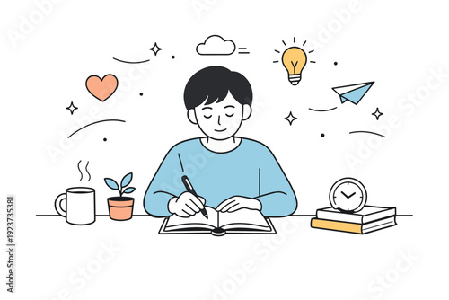 Calm Journal Reflection. Self care routines with people. A person writes in a journal, reflecting quietly at a tidy desk. Calm introspective atmosphere with