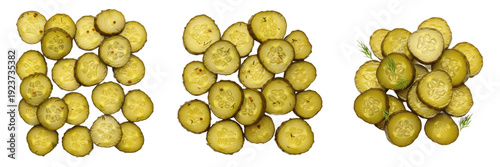 Realistic Pickle Slices Set - Fresh Sliced Green Gherkins and Pickled Cucumber Rounds for Food Styling, Burgers, and Sandwiches Isolated on White Background