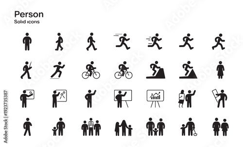 Collection of black vector icons showing people walking running cycling and presenting with various board styles