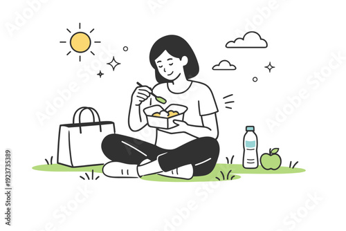 Lunch breaks outdoors. Someone sitting on the grass with a takeaway container, bag placed nearby. A simple midday reset connected with light