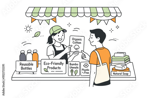 Spring festival eco-merch stalls. Eco-brand vendor explaining sustainable materials to a customer, simple product cards and signs with short eco labels,